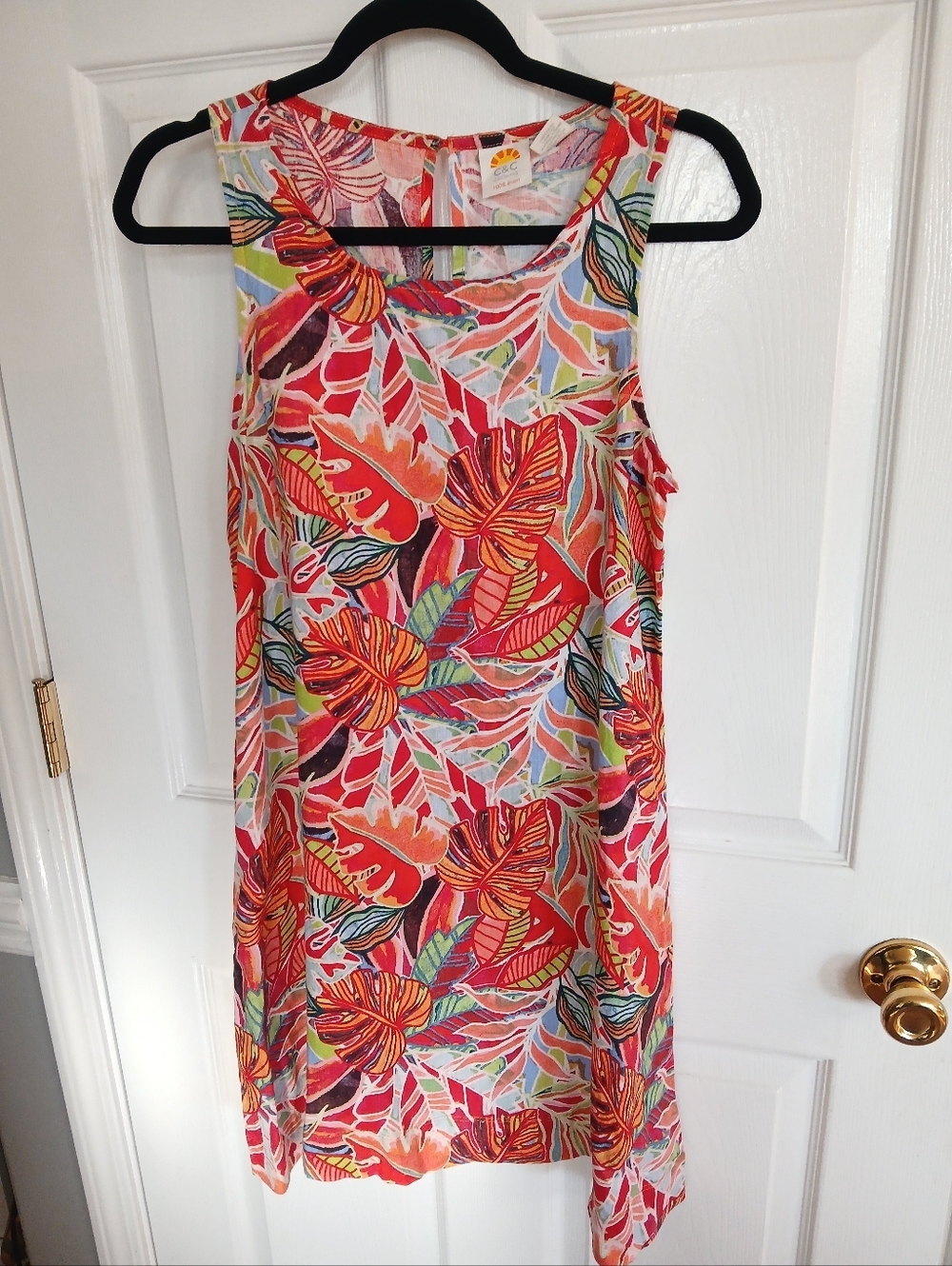 C&C California Coral Tropical Leaf Print Mini Dress Resortwear Linen Vacation
